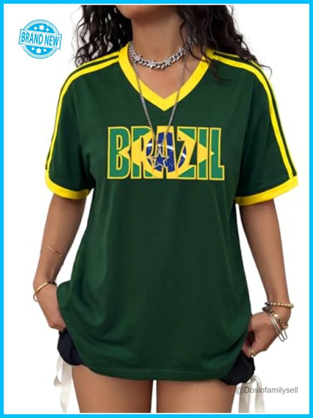 Brazil Flag Y2K V-Neck Short Sleeve Tee Top for Women - Soccer Jersey Shirt